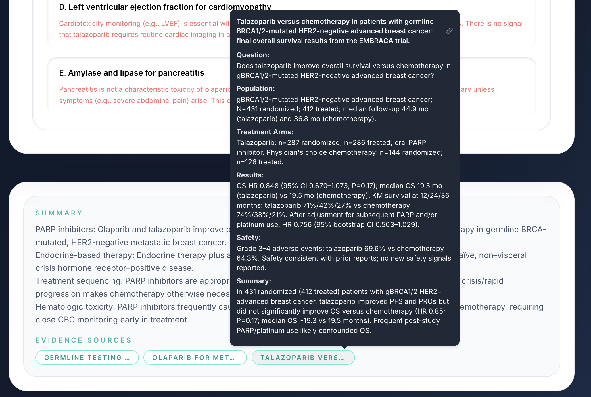 Efficacy and safety evidence chart translating dense trials into high-yield clinical summaries