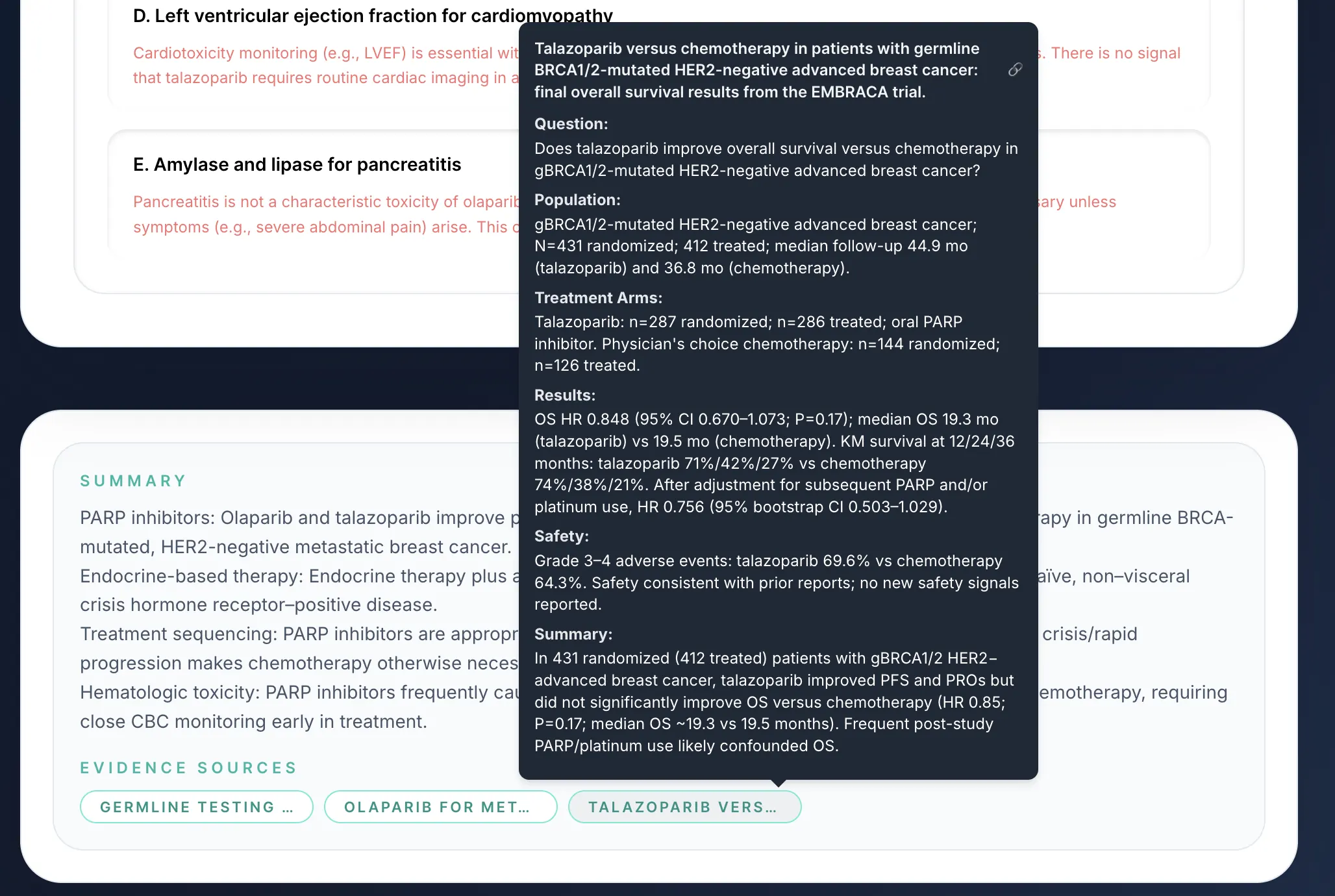 Efficacy and safety evidence chart translating dense trials into high-yield clinical summaries