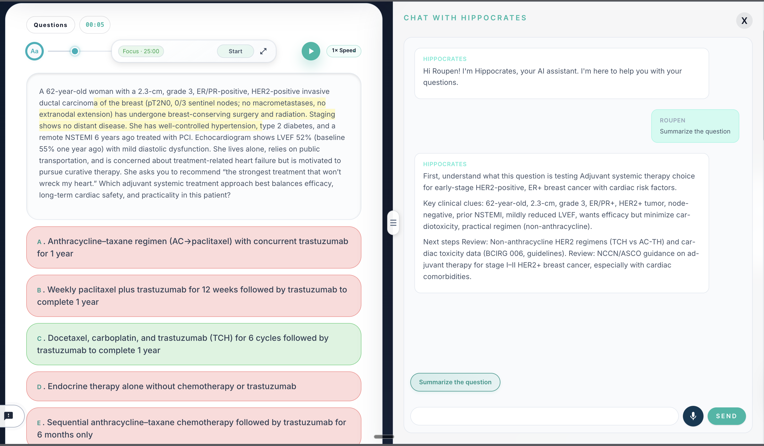 Hippocrates AI clinical tutor: guided reasoning and explanations for hematology-oncology board-style questions