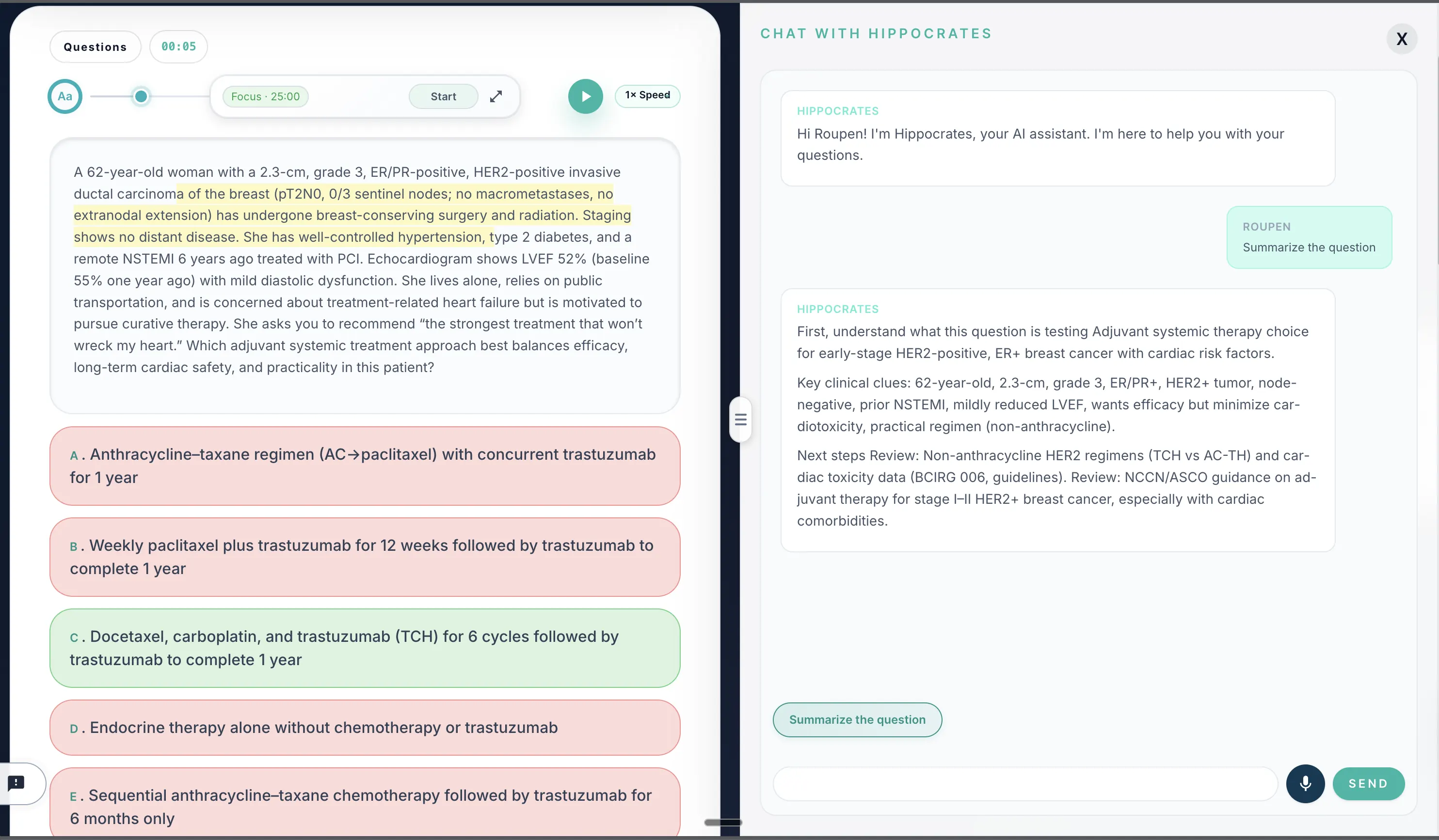 Hippocrates AI clinical tutor: guided reasoning and explanations for hematology-oncology board-style questions