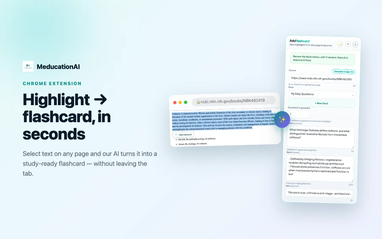 Highlight text on any page and the extension turns it into a flashcard in seconds