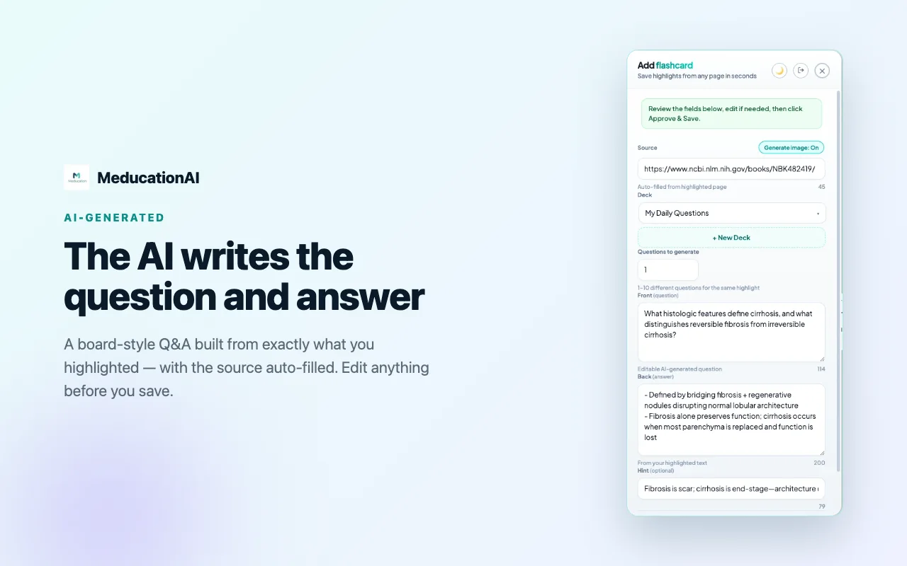The AI writes a board-style question and answer from the highlighted passage, with the source auto-filled